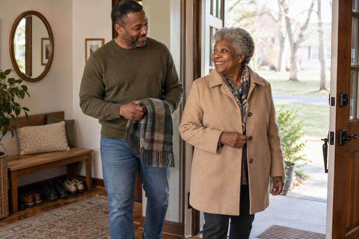 Adult son and his older mother preparing for a neighborhood walk