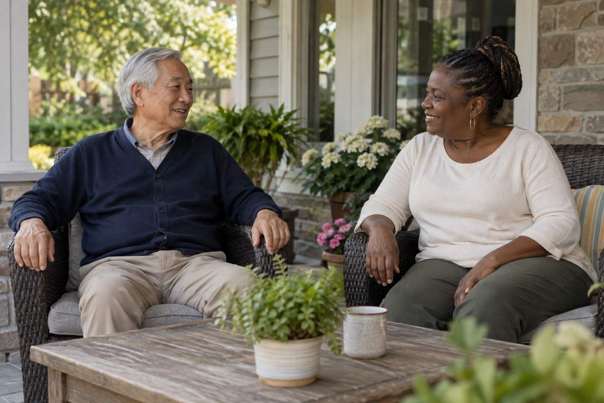 Older man and a companion talking on a shaded patio