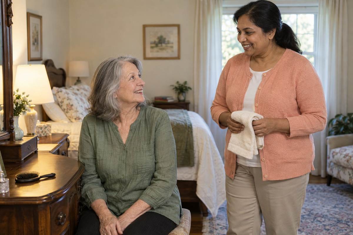 Older woman at her vanity with a helper and a clean towel nearby
