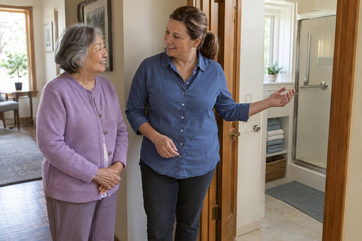 Fully dressed older woman and a helper discussing a comfortable bathing routine
