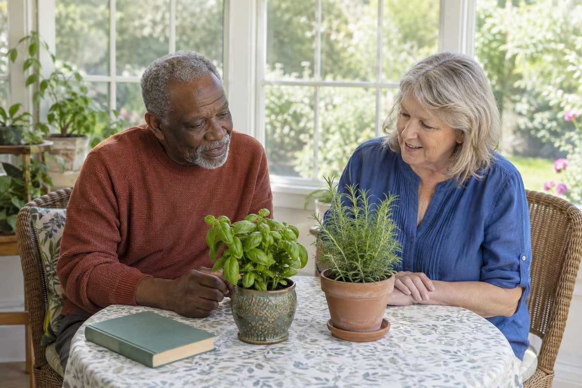 Older man and a companion enjoying conversation beside potted herbs