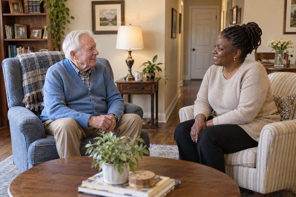 Older man and a companion having a reassuring conversation at home