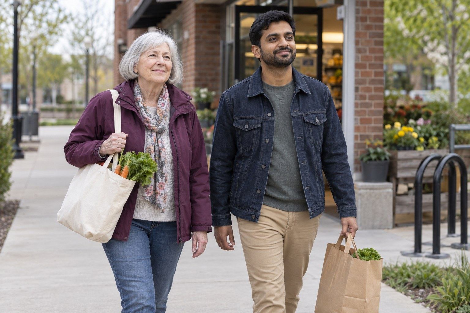 Older woman and a companion leaving a grocery store with shopping bags